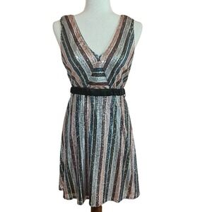 RAGA DRESS STRIPE ALL THE SEQUINS  DRESS MINI V‎ NECK SLEEVELESS SIZE M